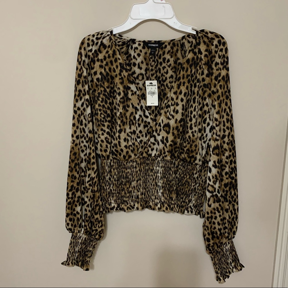 Express Leopard Print Long Sleeve Blouse - Brown, Black
